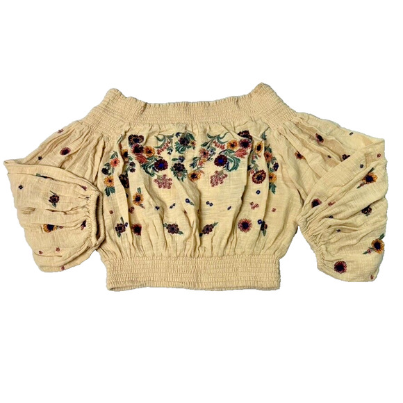 Free People Tops - Free People Top Womens Small Cream Saachi Off-Shoulder Embroidered Floral